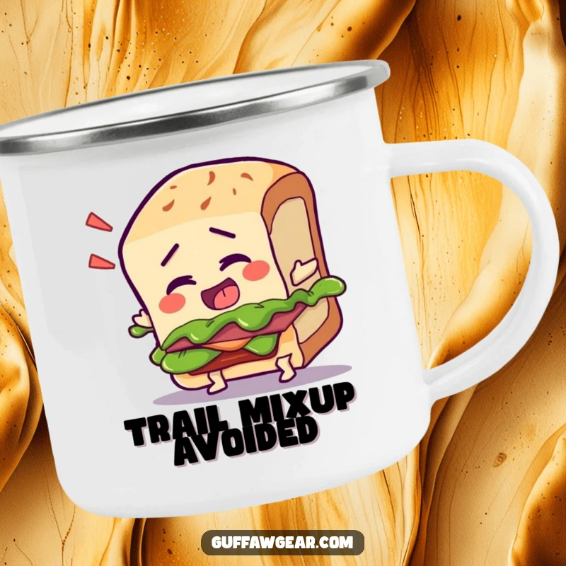 Funny camping mug with a talking sandwich character tripping over its crust, ideal for enjoying drinks with food-themed humor.