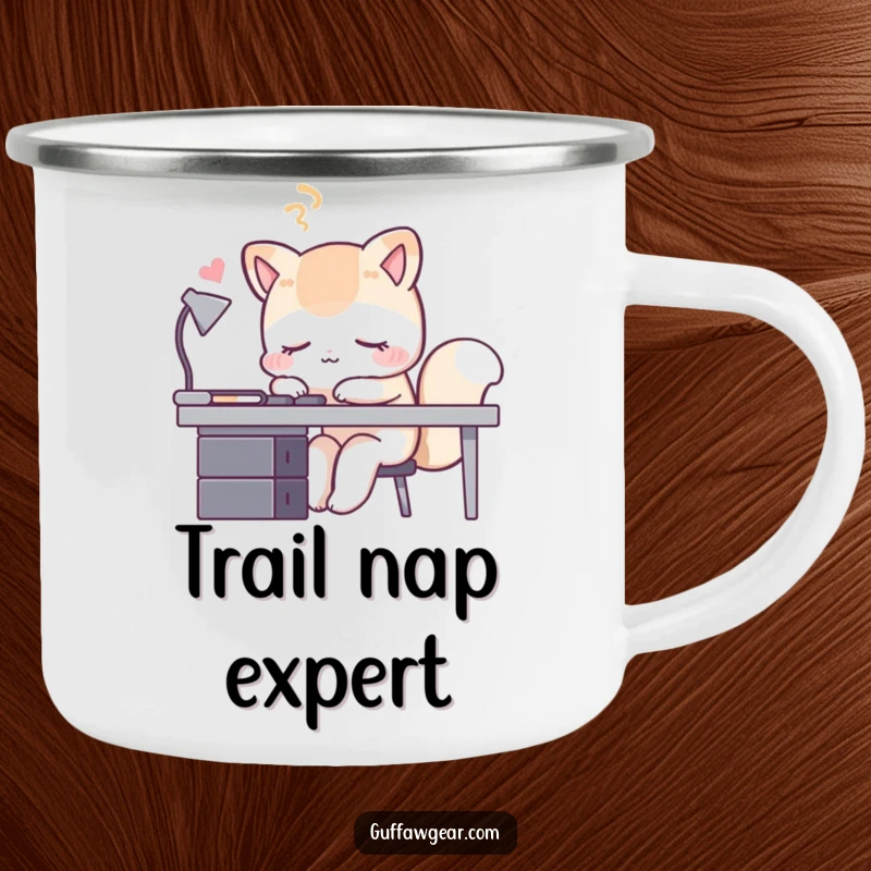 Funny sleeping fox camping mug, showing a fox appearing to sleep at its desk, ideal for outdoor or indoor beverage enjoyment.