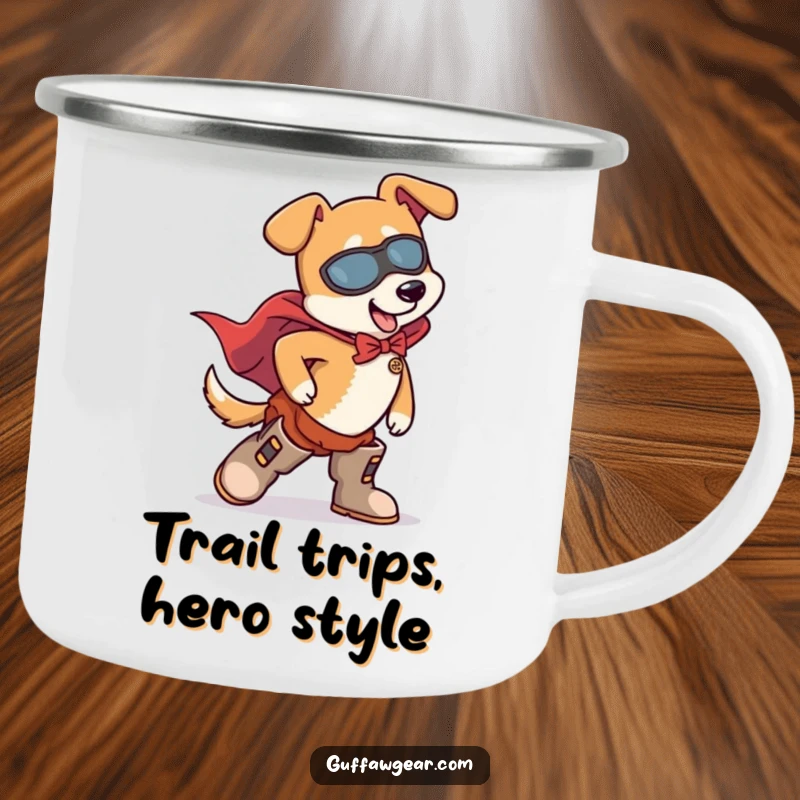 Funny Dog Superhero Camping Mug: A dog in a superhero cape comically trips over its oversized boots, for outdoor laughs.