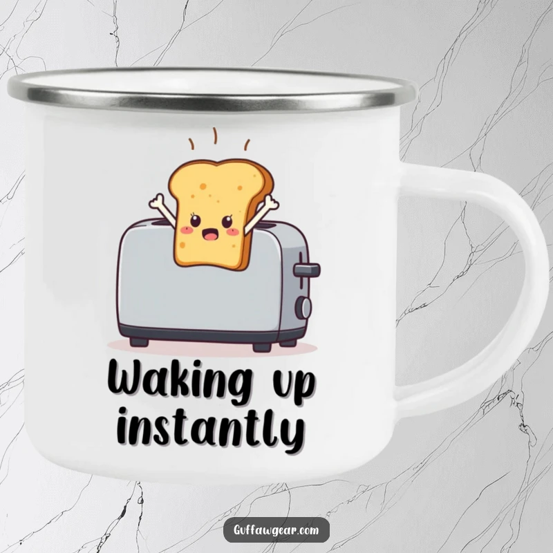 Funny Toast Camping Mug: A startled piece of toast character leaping out of a toaster, perfect for outdoor breakfast humor.