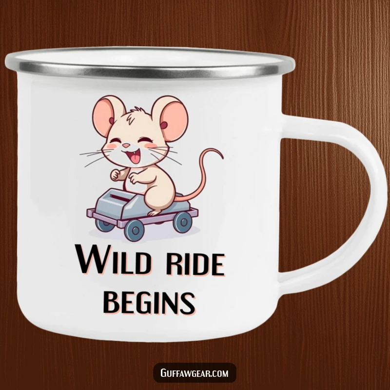Funny Computer Mouse Camping Mug: A giggling computer mouse riding a rolling mouse trap, perfect for outdoor tech humor.