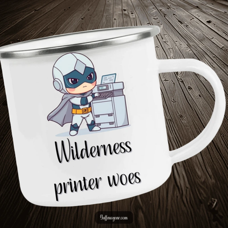 Funny camping mug showing a superhero awkwardly attempting to fix a printer, a humorous design for outdoor enthusiasts with tech woes.