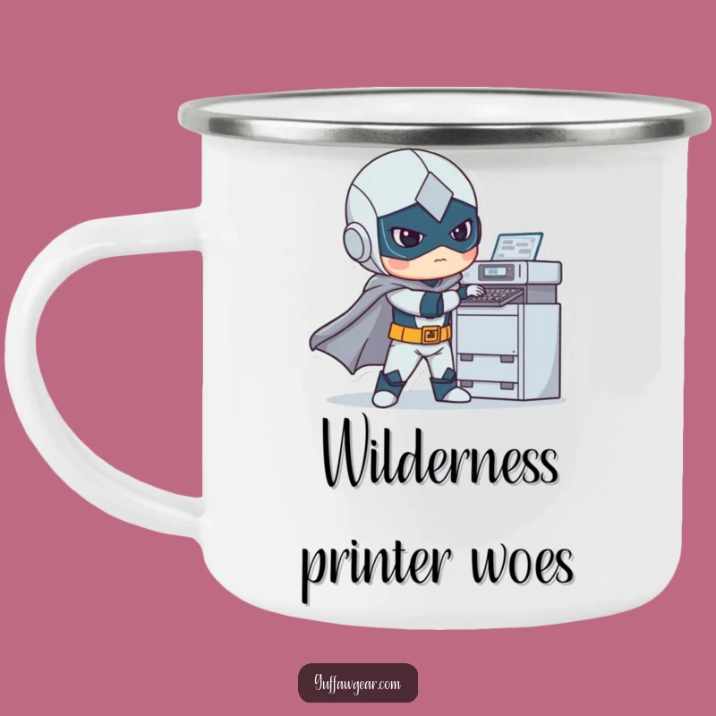 Funny Superhero Printer Trouble Camping Mug: Hilarious Hero's Outdoor Tech