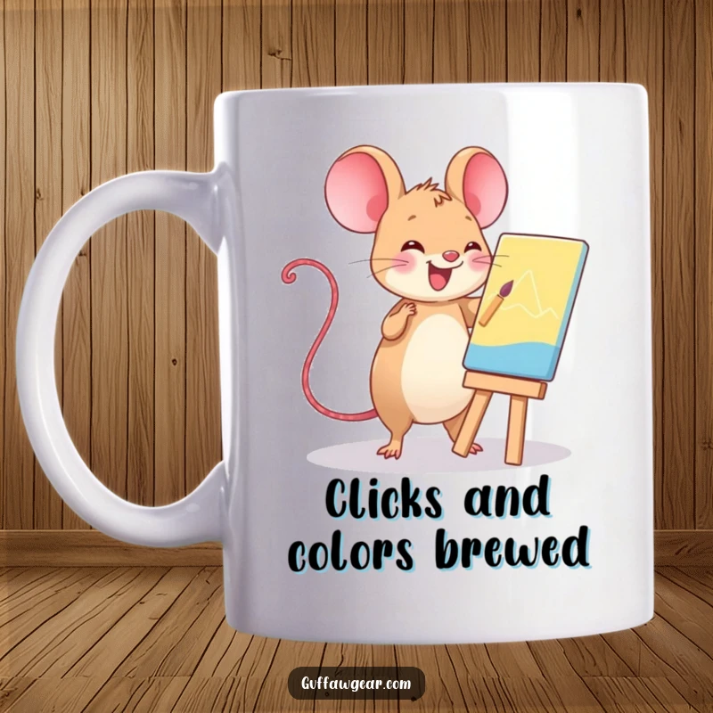 Funny Kawaii computer mouse joyfully paints a masterpiece on a tiny easel, a humorous mug for creatives.