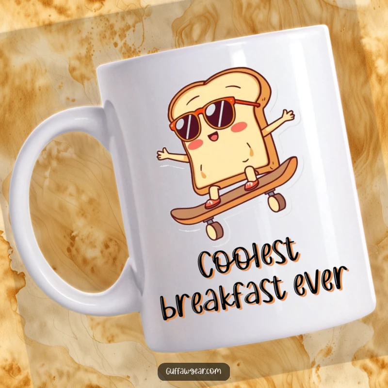 Funny mug depicting a slice of toast wearing sunglasses, confidently riding a skateboard, embodying a cool, laid-back, and adventurous breakfast persona.