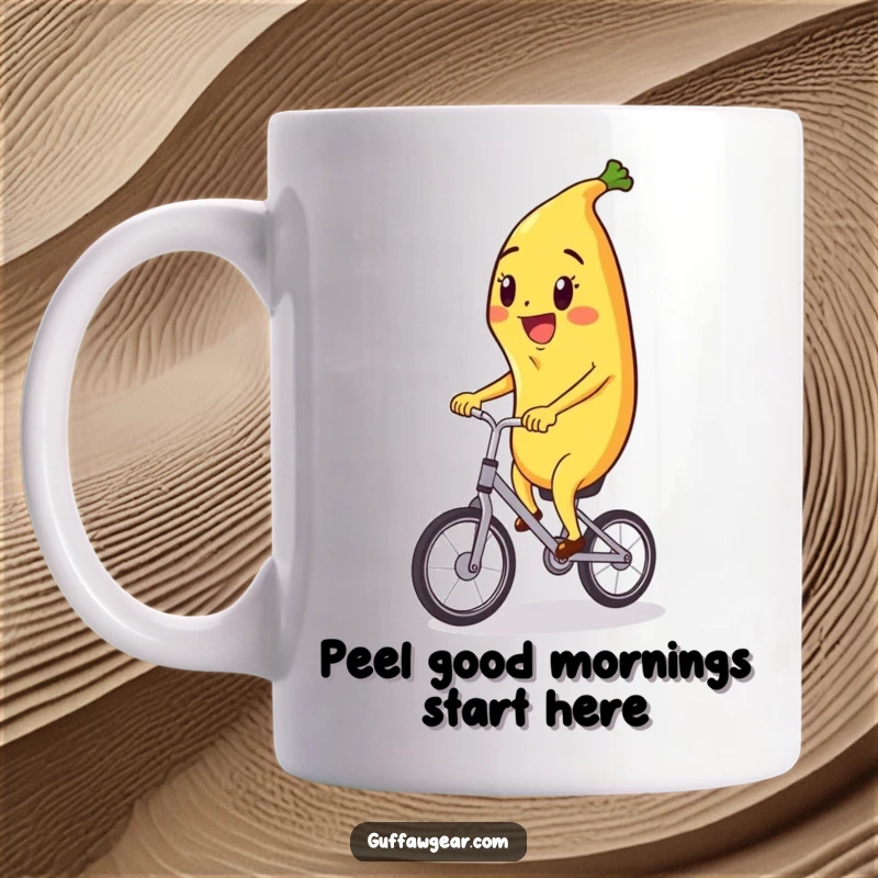 Funny mug with a happy banana character skillfully riding a very small unicycle, radiating pure, comical delight.