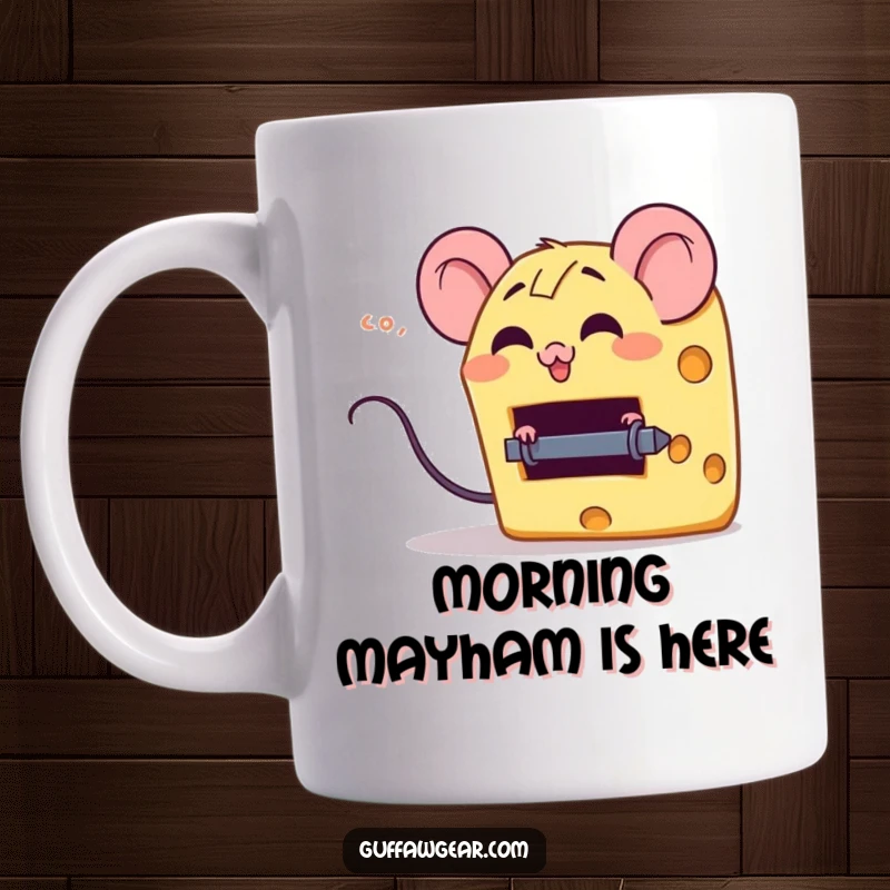 Funny mug showing a giggling cheese wedge character comically attempting to escape a small, harmless mouse trap.