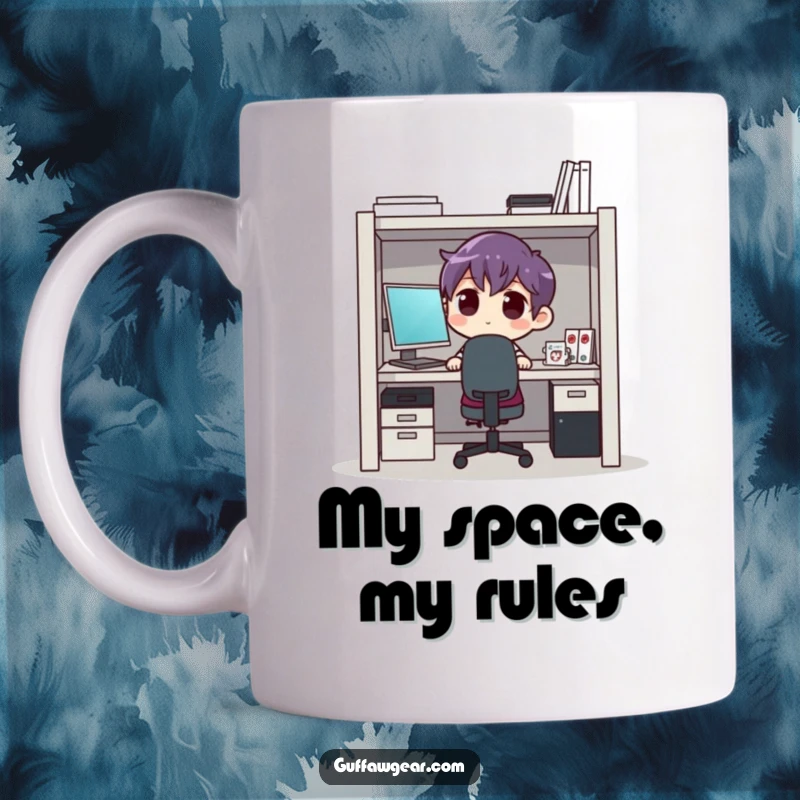 Funny character struggling to fit into a comically small office cubicle, representing workplace confinement and relatable office humor.