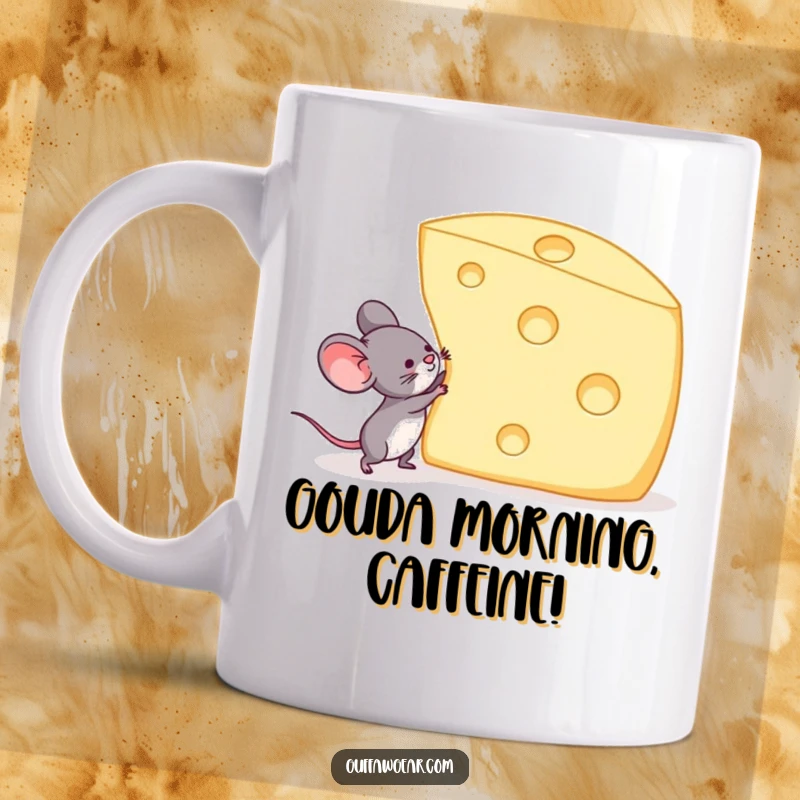 Funny mug showing a tiny mouse struggling to lift an enormous slice of Swiss cheese, symbolizing ambitious goals and humor.