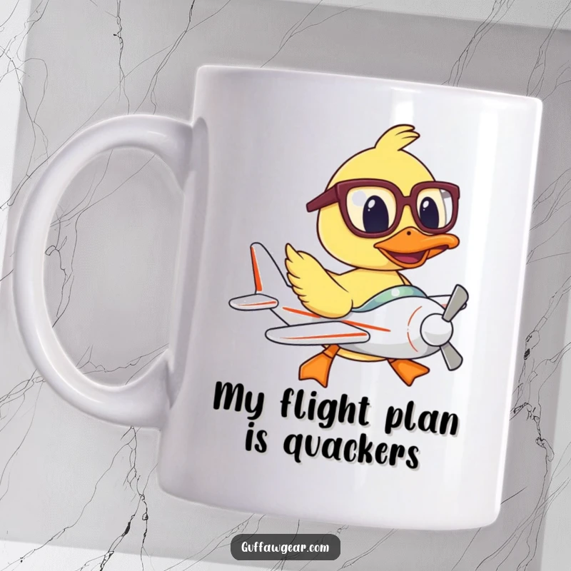 Funny mug showing a duck with big glasses, struggling to fly a small plane, looking determined yet comical.