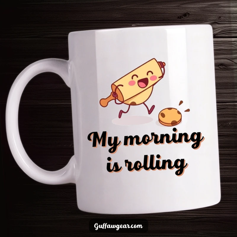 Funny mug with a rolling pin character energetically chasing a fleeing cookie, capturing a humorous baking scenario.