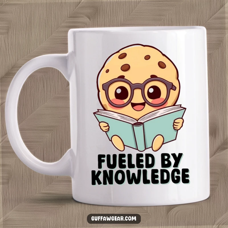 Funny smiling cookie character wearing tiny glasses, reading a giant book, depicted on a mug for smart and witty people.