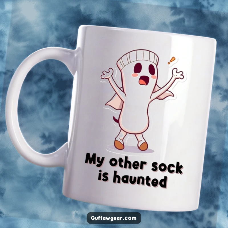 Funny mug showcasing a dancing sock character with a bewildered ghost comically emerging from its opening, expressing surprise and silliness.