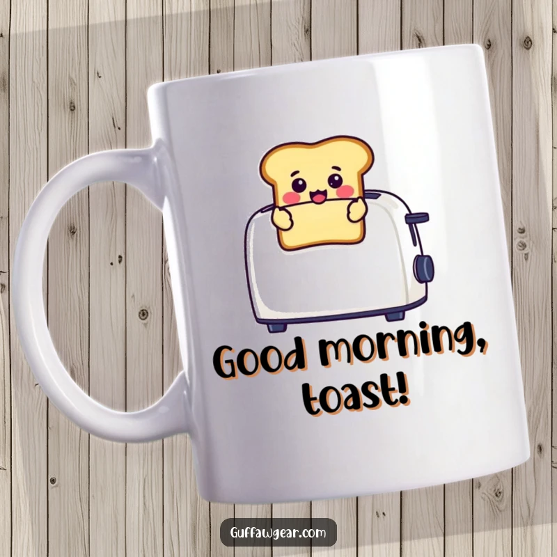 Funny mug showing a smiling toast character comically popping out of a toaster with a wide-eyed, surprised expression.