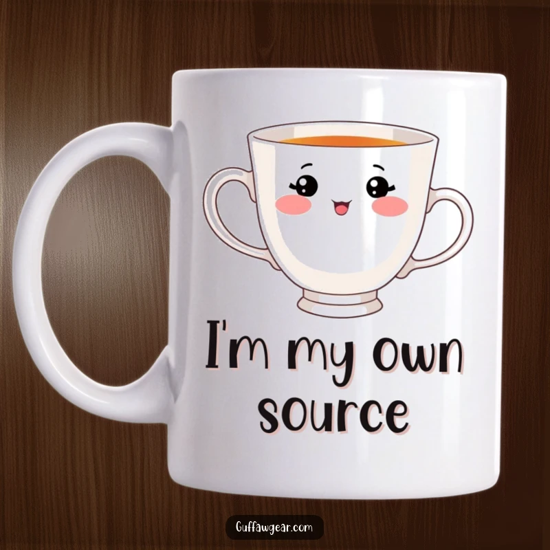 Funny teacup mug with a cute face hilariously attempting to drink from its own handle, showcasing a charming and absurd tea time moment.