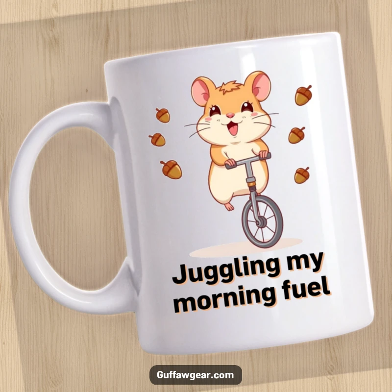 Funny Hamster Mug: An adorable hamster expertly rides a unicycle while comically juggling small acorns.