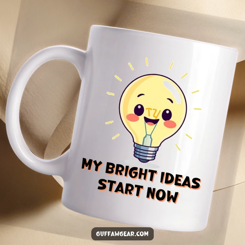 Funny mug showing a beaming lightbulb character with a comically exaggerated, oversized filament, symbolizing bright ideas.