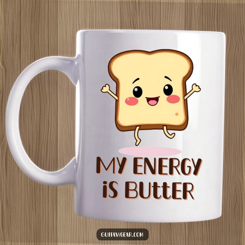 Funny slice of toast with legs doing a frantic dance on a mug, embodying morning energy and breakfast silliness.
