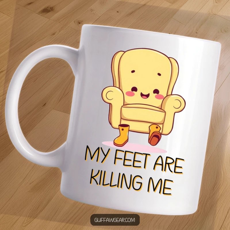 Funny armchair mug with a joyful character wearing boots, performing a clumsy and energetic jig, showcasing pure, unadulterated furniture fun.