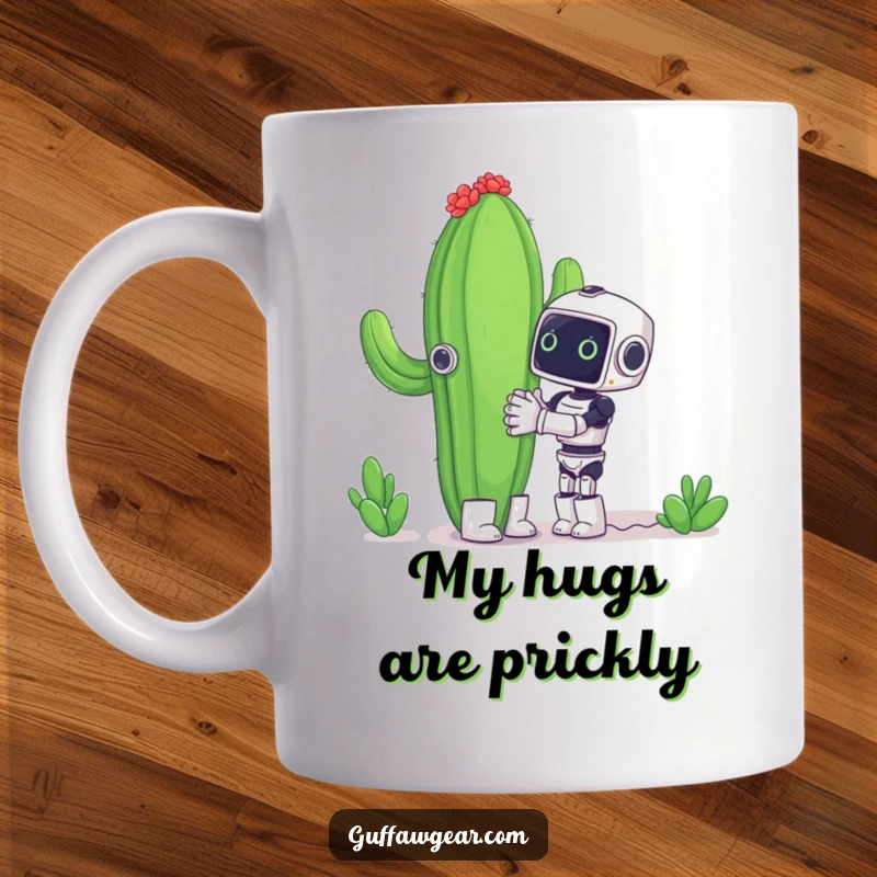 Funny mug showing a small, eager robot trying to hug a giant, spiky cactus, highlighting a humorous, impossible situation.