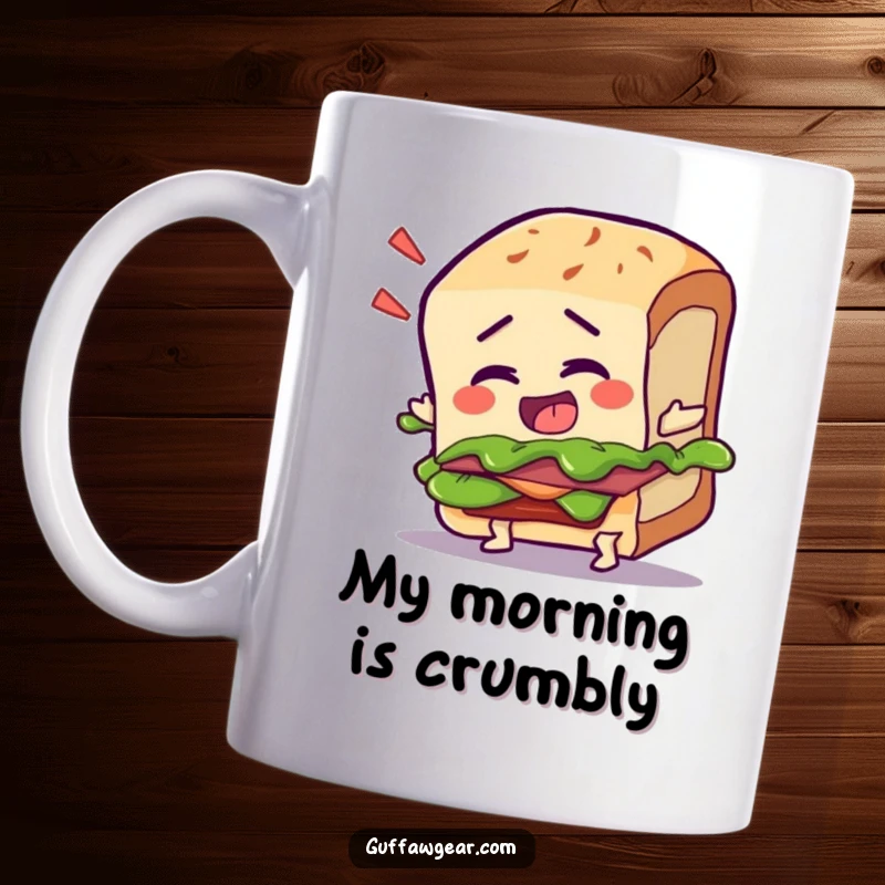 Funny mug with a talking sandwich character dramatically tripping over its own crust, creating a hilarious food-related mishap.
