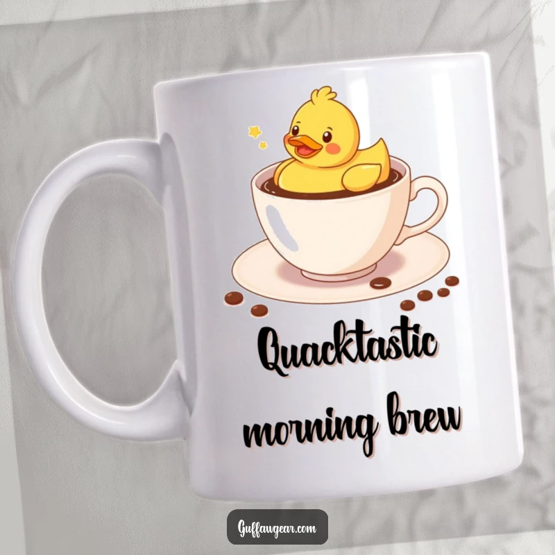 Funny Kawaii rubber duck floating merrily in a teacup filled with coffee, a humorous mug for coffee drinkers.