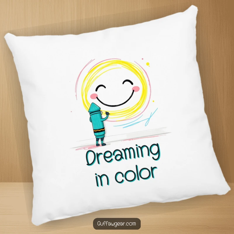 Funny Crayon Pillow: A brave crayon character drawing a giant smiley face on a wall, providing humorous comfort.