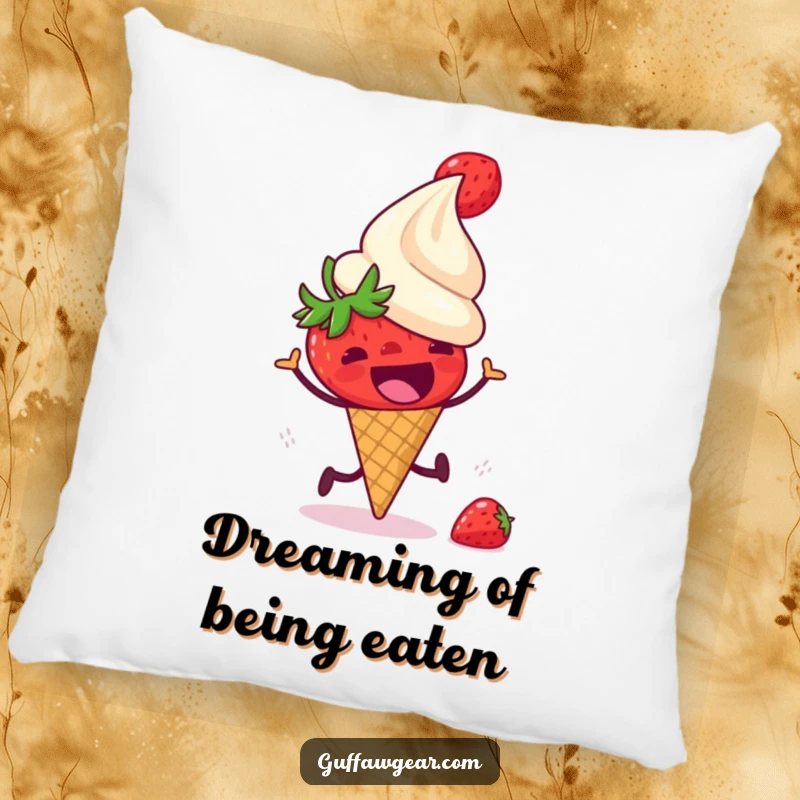 Funny pillow with a startled strawberry running from a laughing ice cream cone, offering comfort and a humorous touch for kitchens and dessert lovers.