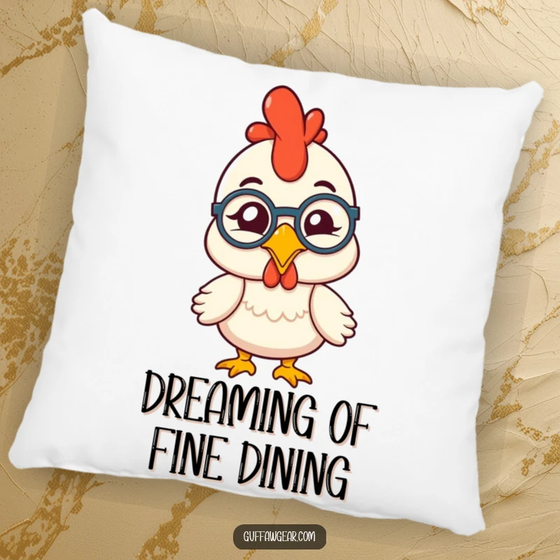 Funny rubber chicken with a monocle comically winking, a plush and humorous pillow designed to add a touch of wit.