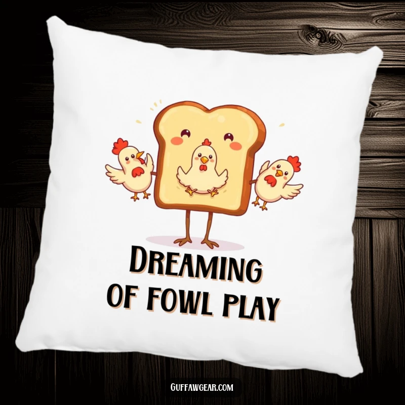 Funny Pillow depicting a slice of toast with legs, gleefully juggling rubber chickens, offering plush comfort and visual amusement.
