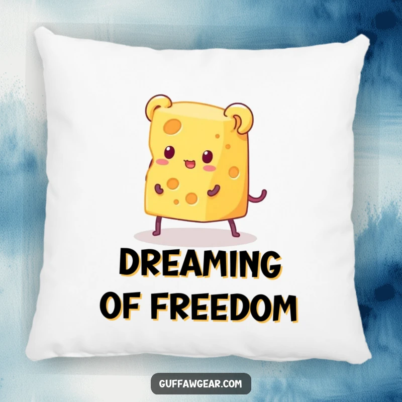 Funny decorative pillow depicting a piece of cheese with legs in a comical escape from a tiny mouse trap, adding humorous charm to any room.