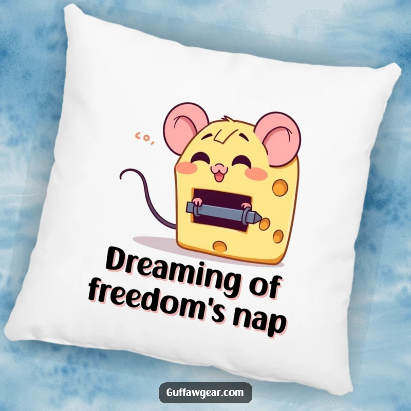 Funny pillow with a giggling cheese wedge character escaping a tiny mouse trap, offering comfort and a playful, food-themed humor.
