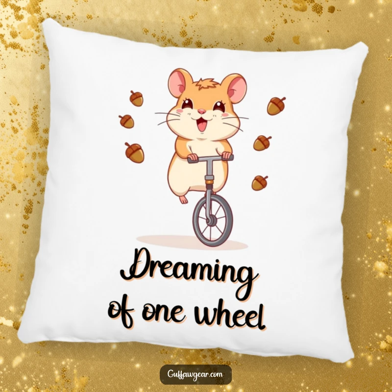 Funny Hamster Pillow: A cute hamster rides a unicycle and juggles tiny acorns, designed for cozy amusement.
