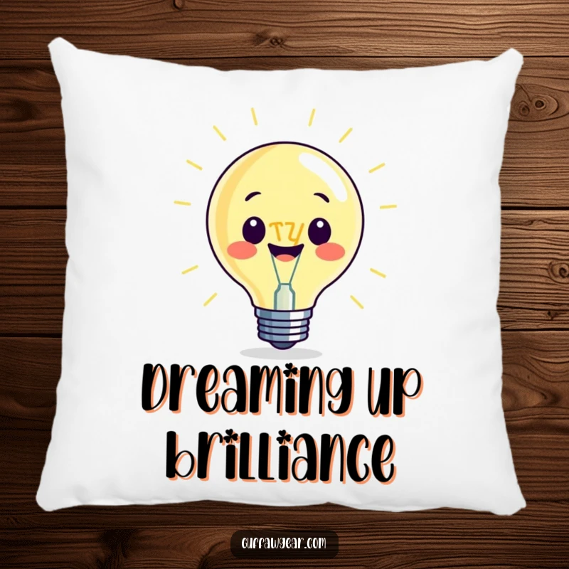 Funny pillow with a beaming lightbulb character and an oversized filament, offering comfort and a symbol of bright, humorous ideas.