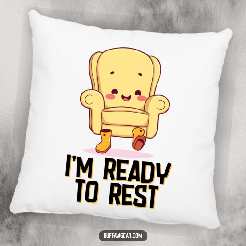 Funny pillow showcasing a happy armchair in tiny boots, enthusiastically performing a clumsy jig, offering soft comfort and humorous charm.