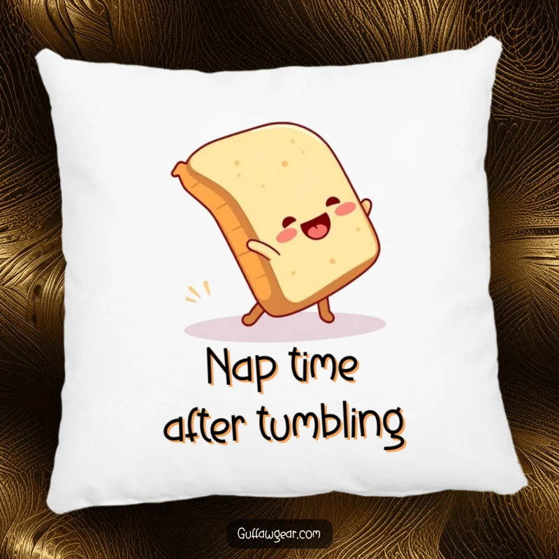 Funny pillow showing a loaf of bread attempting a cartwheel and humorously falling over, a touch of soft comedy.