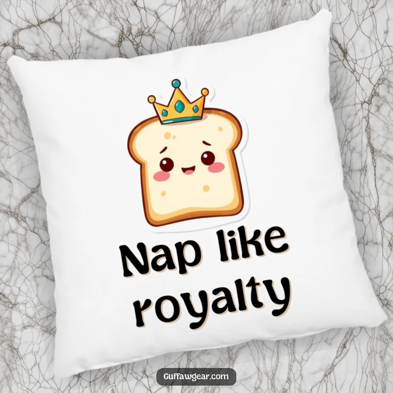 Funny pillow with a delighted slice of bread character wearing a tiny crown, offering comfort and a symbol of playful royalty.