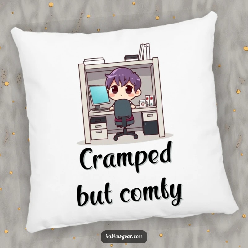 Funny character pillow showing someone squished into a tiny cubicle, designed for comfort and a touch of office humor.