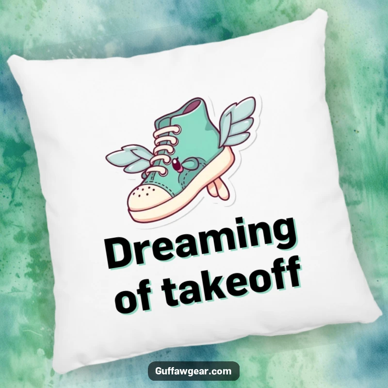 Funny shoe character with mismatched wings comically trying to fly on a soft pillow, designed to inspire ambitious dreams.