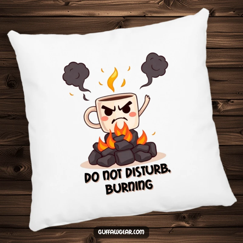 Funny pillow showing a grumpy coffee cup juggling hot coals, a humorous accent for any seating area.