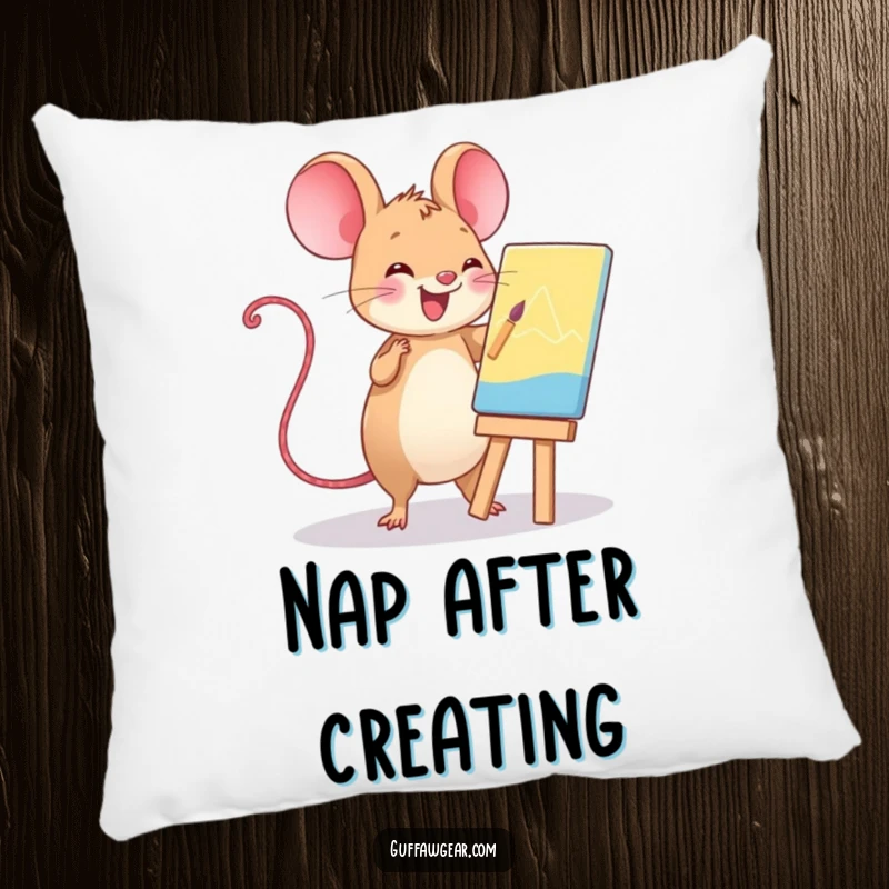Funny Kawaii computer mouse painting a masterpiece, a soft and humorous decorative pillow.