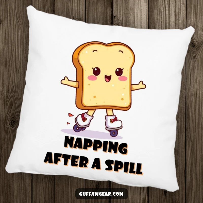 Funny Kawaii toast wearing roller skates attempting a spin, a soft and humorous decorative pillow.