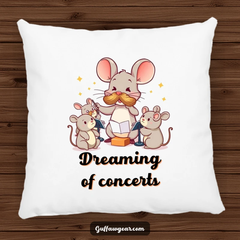 Funny Maestro Mouse Pillow: A mouse with a large mustache comically conducts squeaky toys, a soft and humorous decorative item.