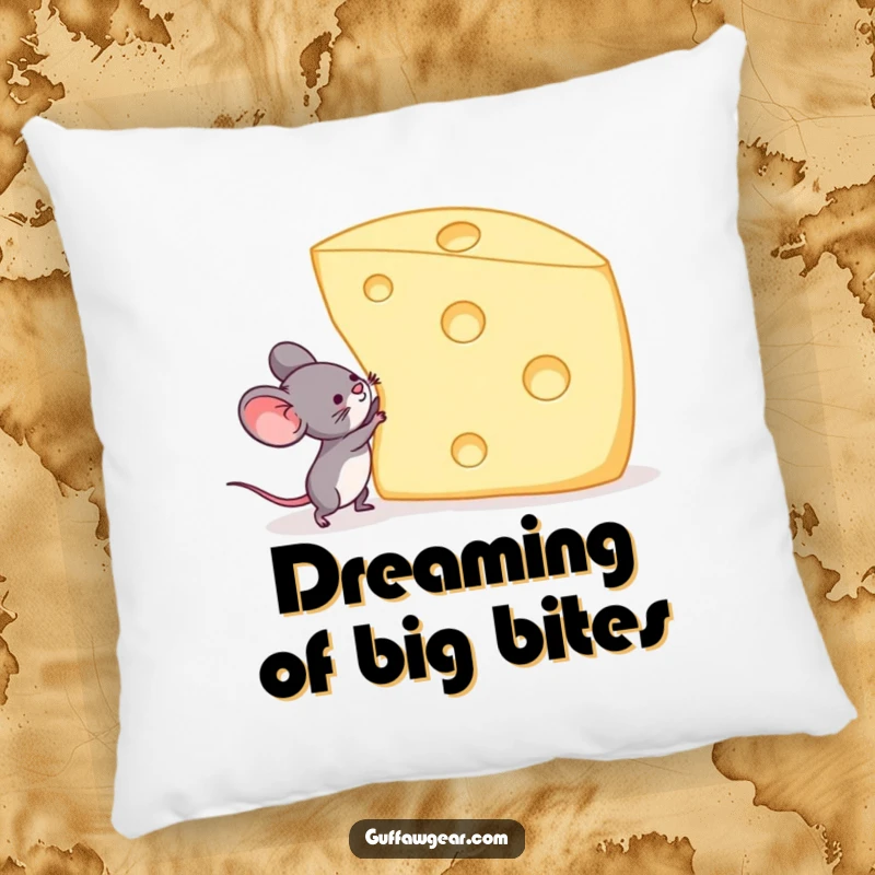 Funny pillow showing a mouse attempting to lift a huge Swiss cheese piece, providing comfort and a humorous motivational message.