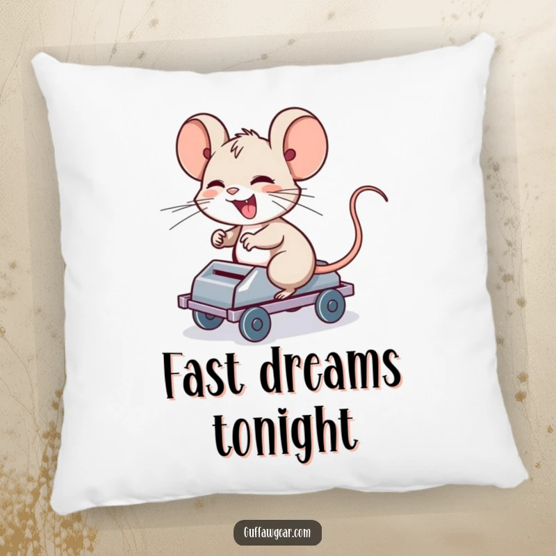 Funny Computer Mouse Pillow: A giggling computer mouse riding a rolling mouse trap, a humorous and comfortable decor item.