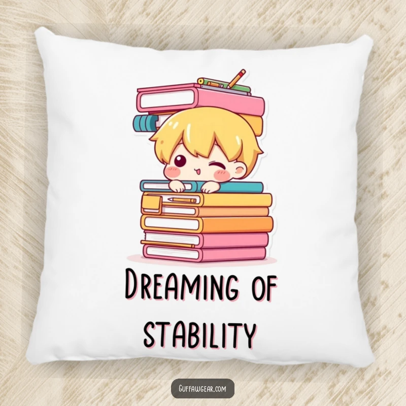 Funny pillow showing a character attempting to balance a stack of office supplies, a soft and humorous decoration for a desk or couch.