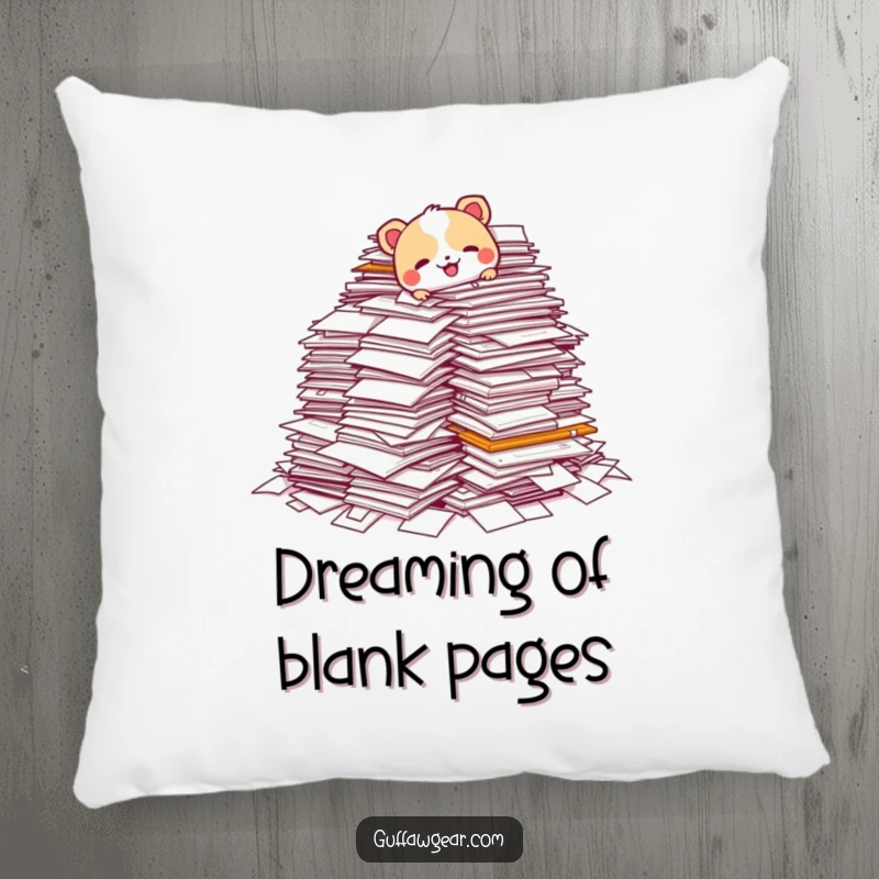 Funny pillow showing an animal character tripping over a large stack of papers, a soft and humorous decoration for a desk or couch.