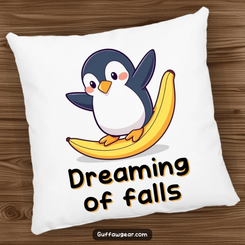 Funny pillow illustrating a penguin dramatically slipping on a banana peel, offering comfort and amusement.