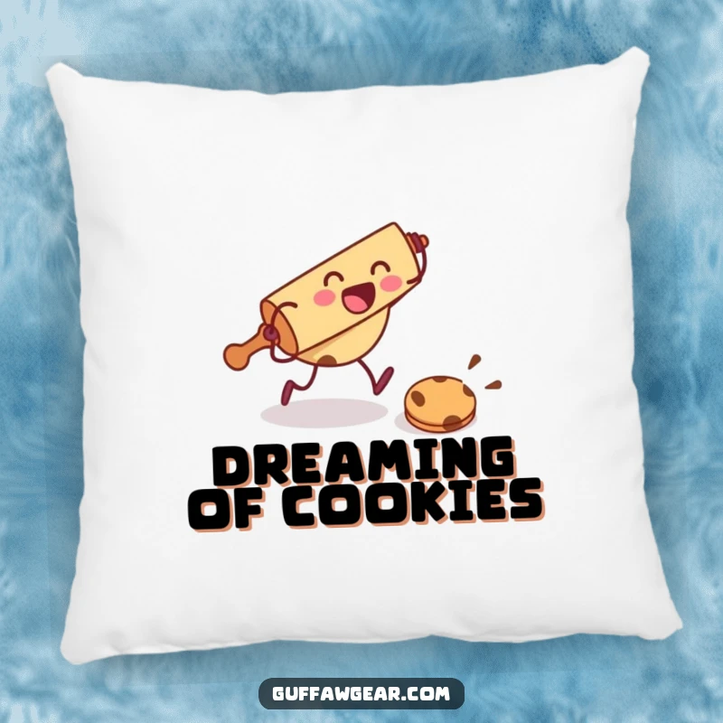 Funny pillow featuring a rolling pin character chasing a cookie, offering soft comfort and baking-themed humor.