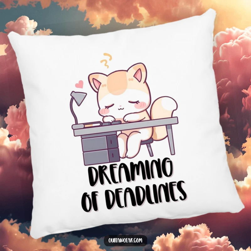 Funny sleeping fox pillow, a plush accessory featuring a fox napping at its desk, designed for comfort and a good laugh.